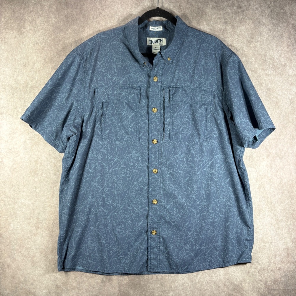 Duluth Button Down Shirt Mens XL Blue Untucked Tropical Leaf Ripstop Fishing